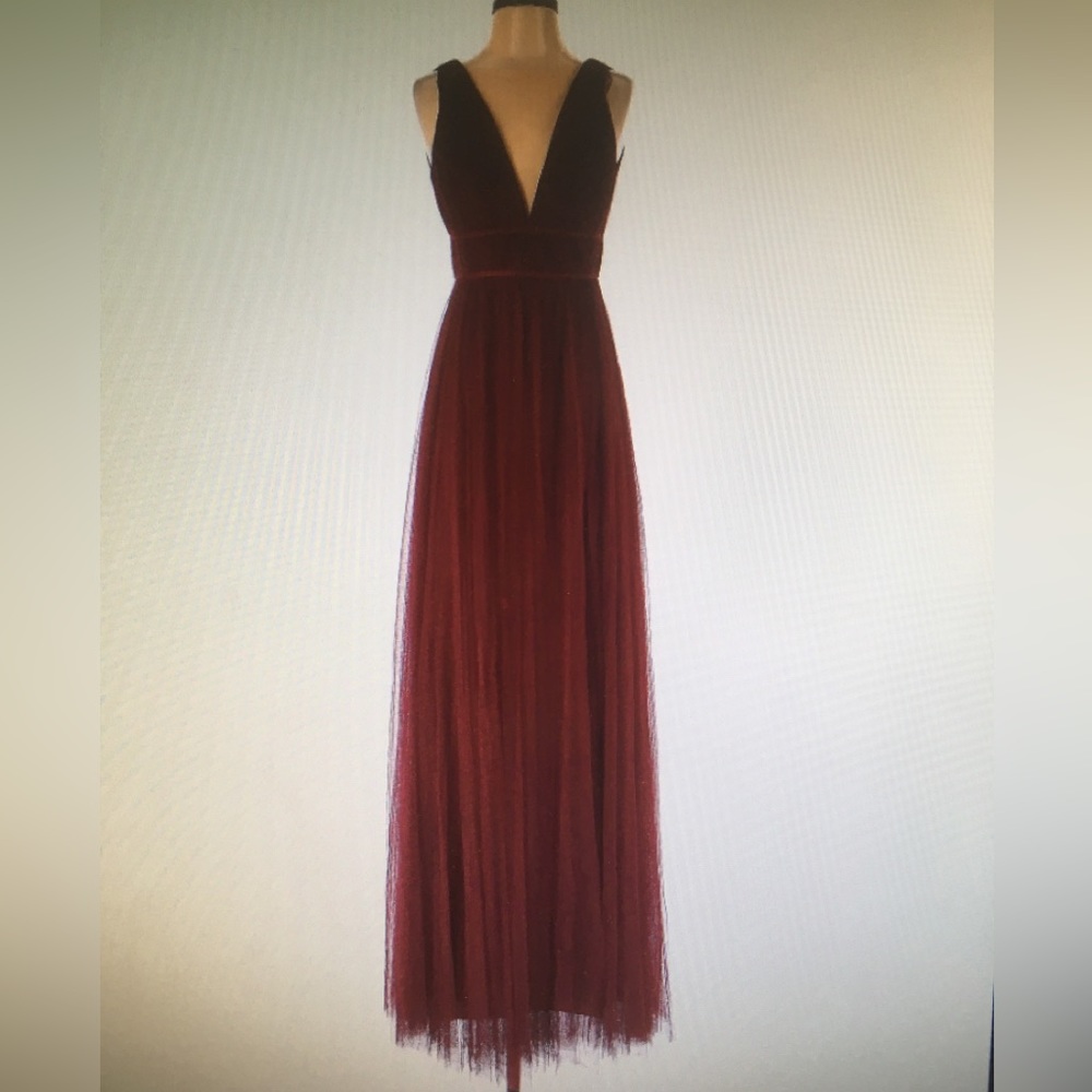 Jenny Yoo long formal dress size 2 tulle sleeveless maroon burgundy party prom